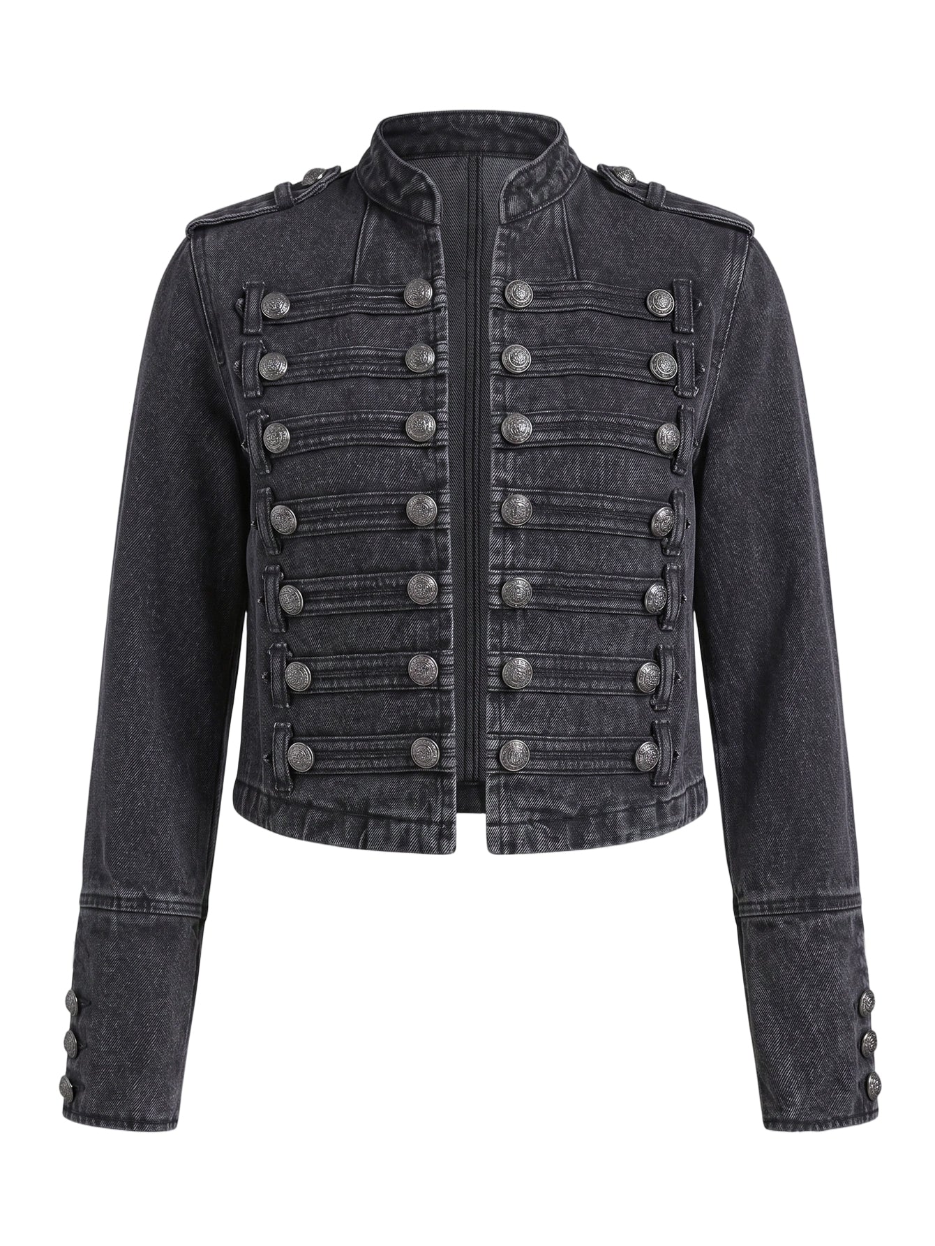 Women Military Denim Jacket Stand Collar Cropped Jean Jacket