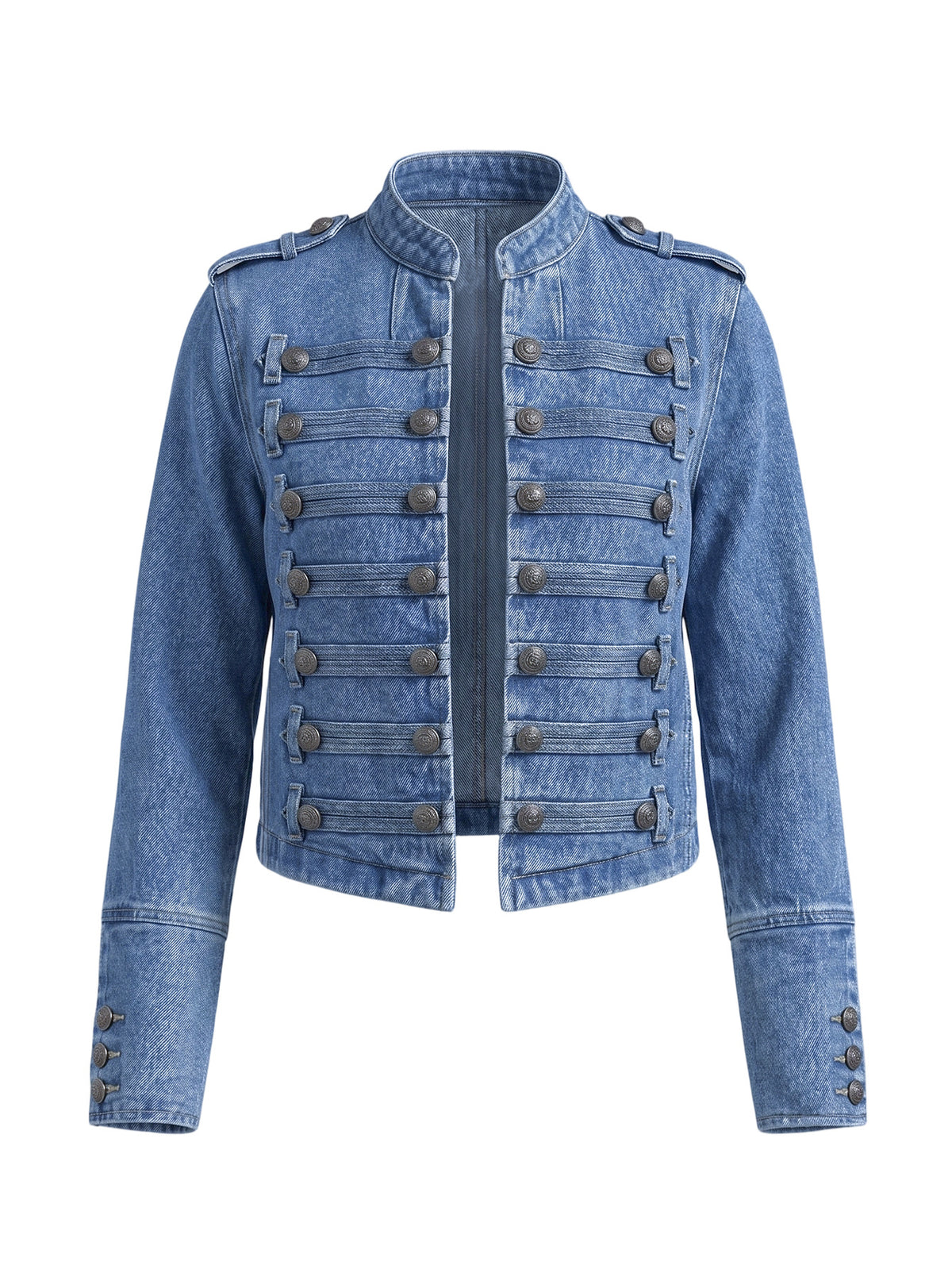 Women Military Denim Jacket Stand Collar Cropped Jean Jacket