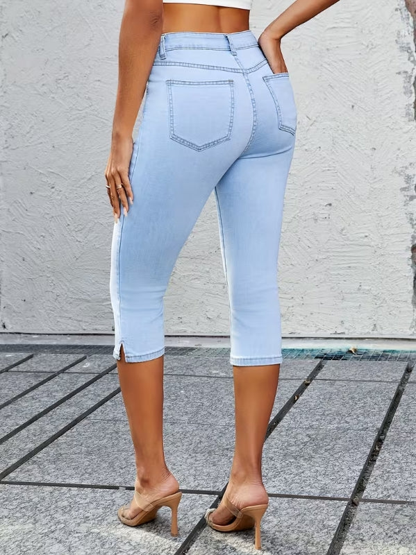 Women High Waist Stretch Slim Fit Capri Jeans-Light Blue