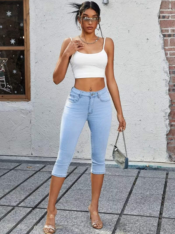 Women High Waist Stretch Slim Fit Capri Jeans-Light Blue