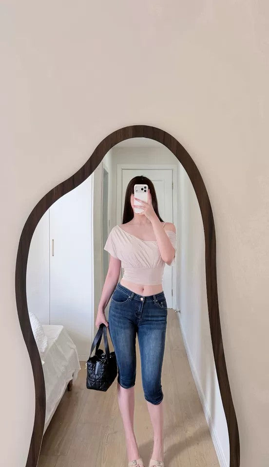 Vintage Ruched Cuff Slim Fit Mid-Calf Denim Capris