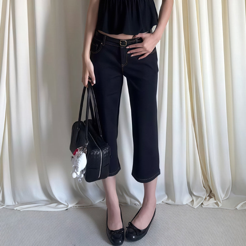 Vintage Low Rise Contrast Stitch Black Cropped Flare Jeans