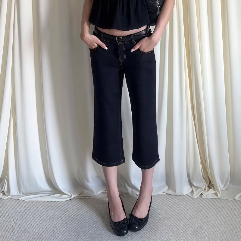 Vintage Low Rise Contrast Stitch Black Cropped Flare Jeans