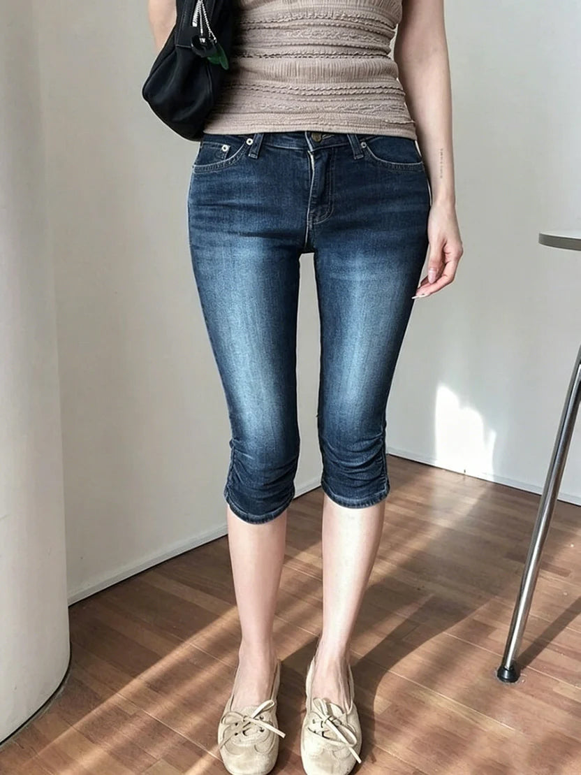 Vintage Ruched Cuff Slim Fit Mid-Calf Denim Capris