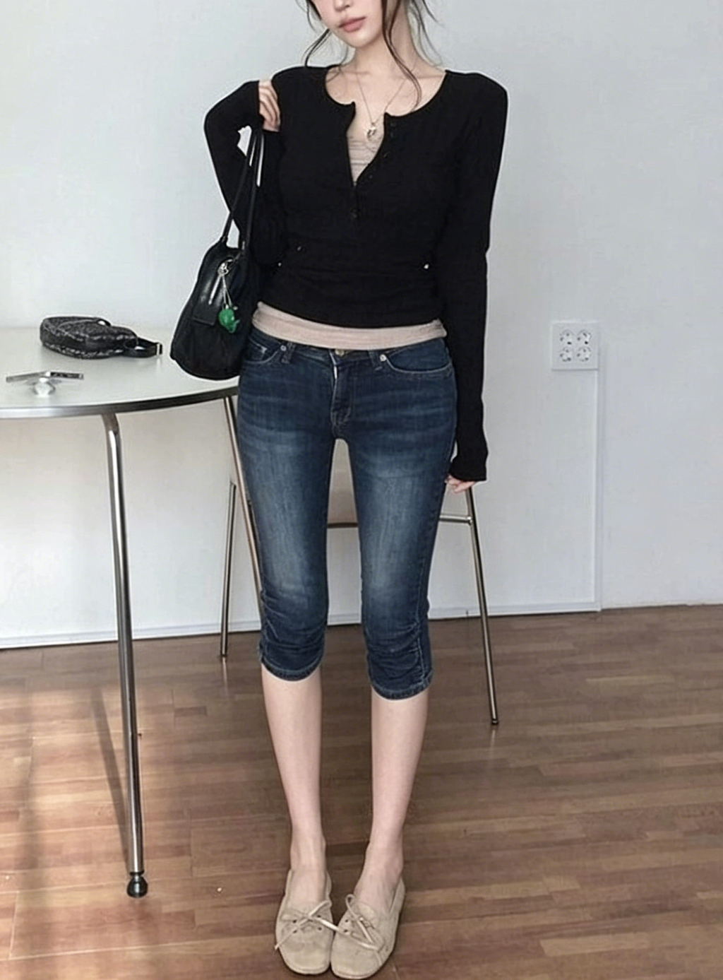 Vintage Ruched Cuff Slim Fit Mid-Calf Denim Capris