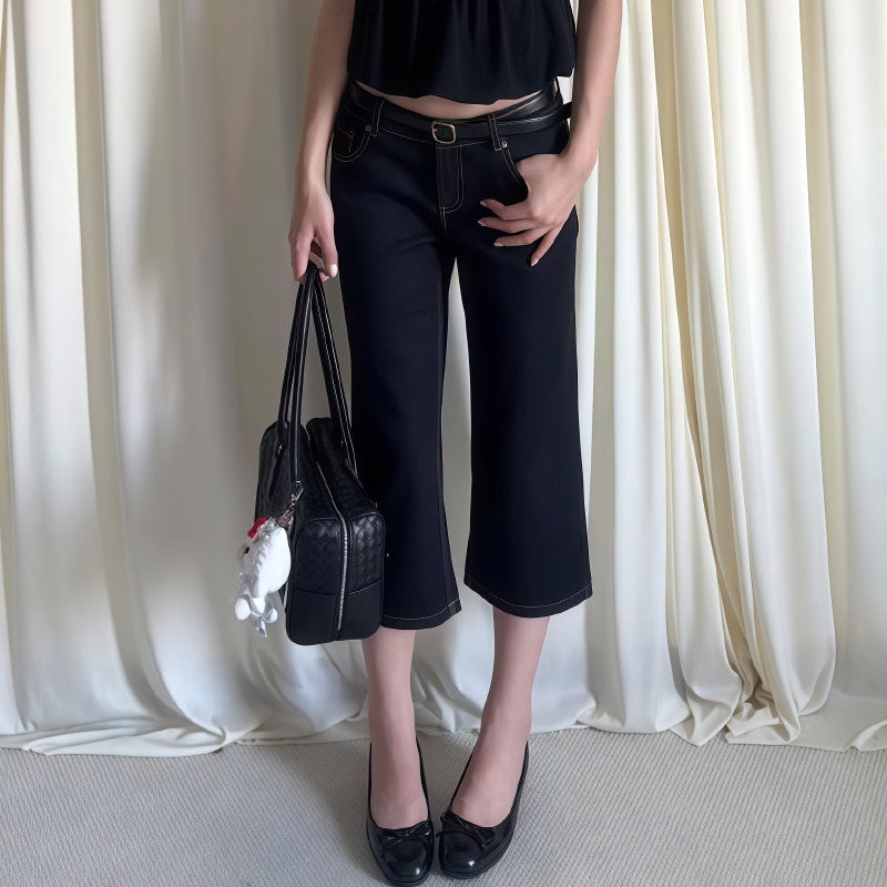 Vintage Low Rise Contrast Stitch Black Cropped Flare Jeans