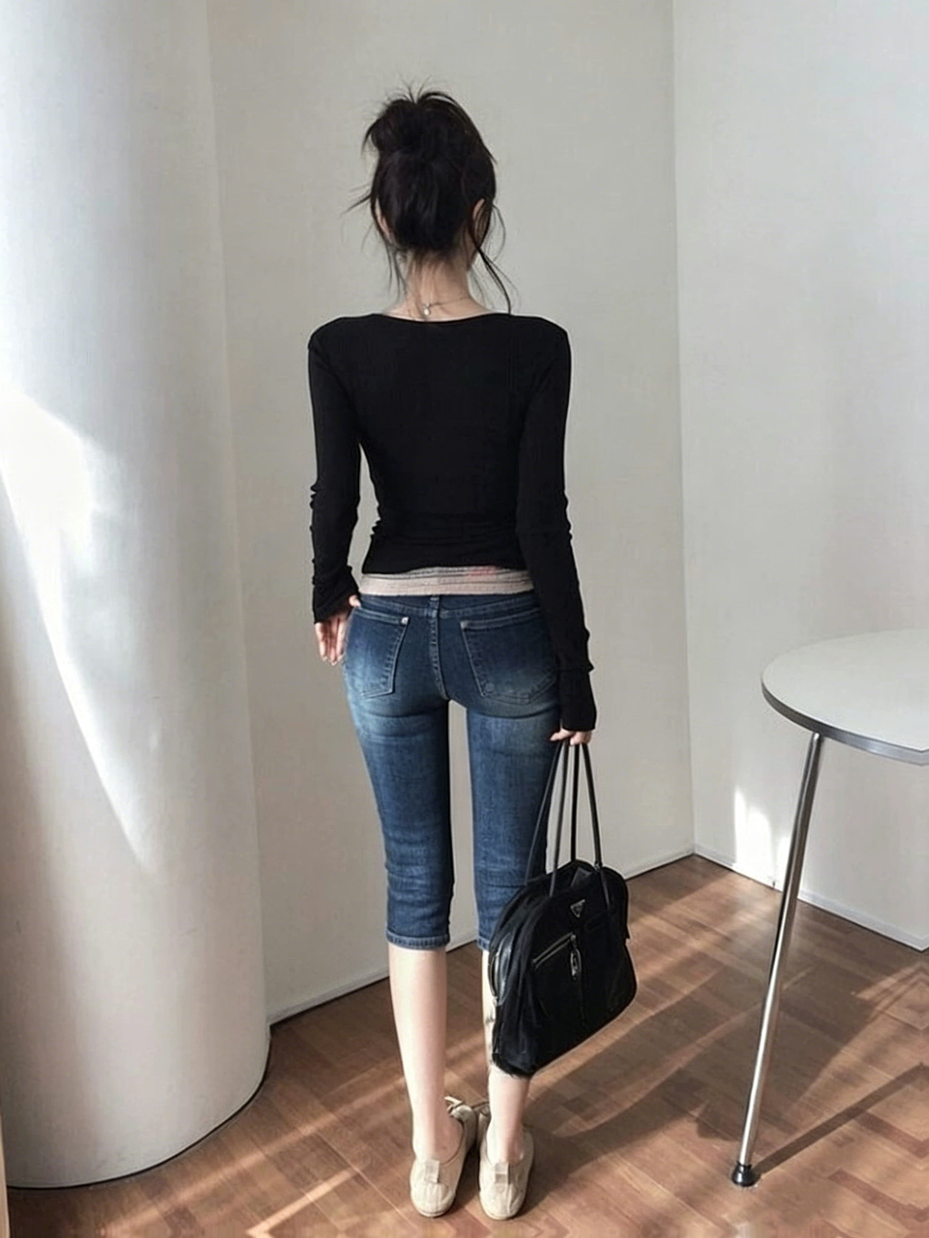 Vintage Ruched Cuff Slim Fit Mid-Calf Denim Capris
