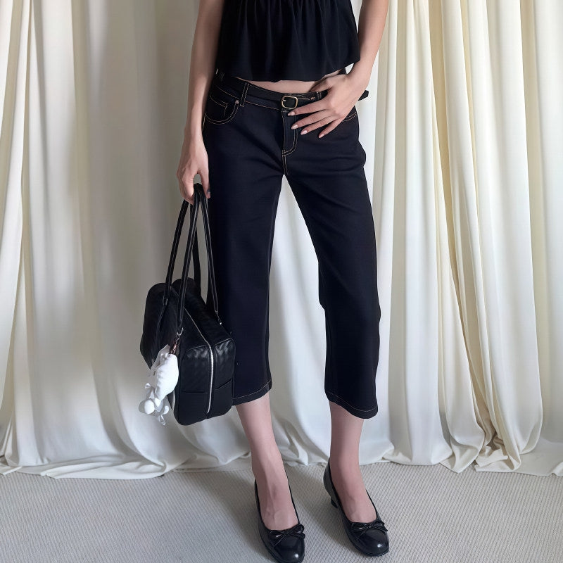 Vintage Low Rise Contrast Stitch Black Cropped Flare Jeans