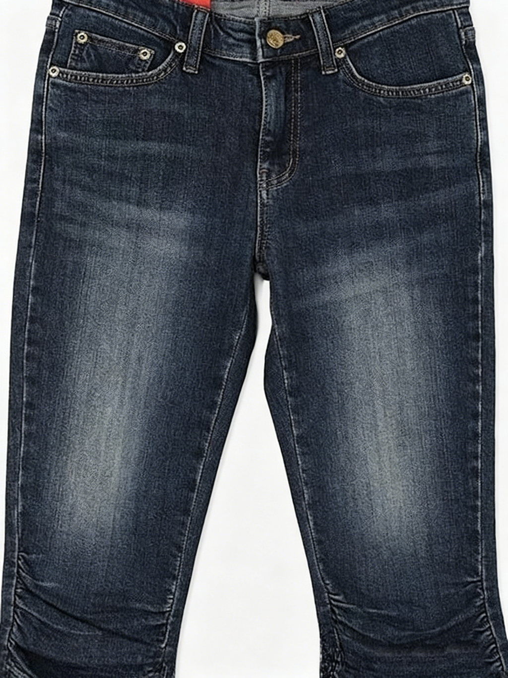 Vintage Ruched Cuff Slim Fit Mid-Calf Denim Capris