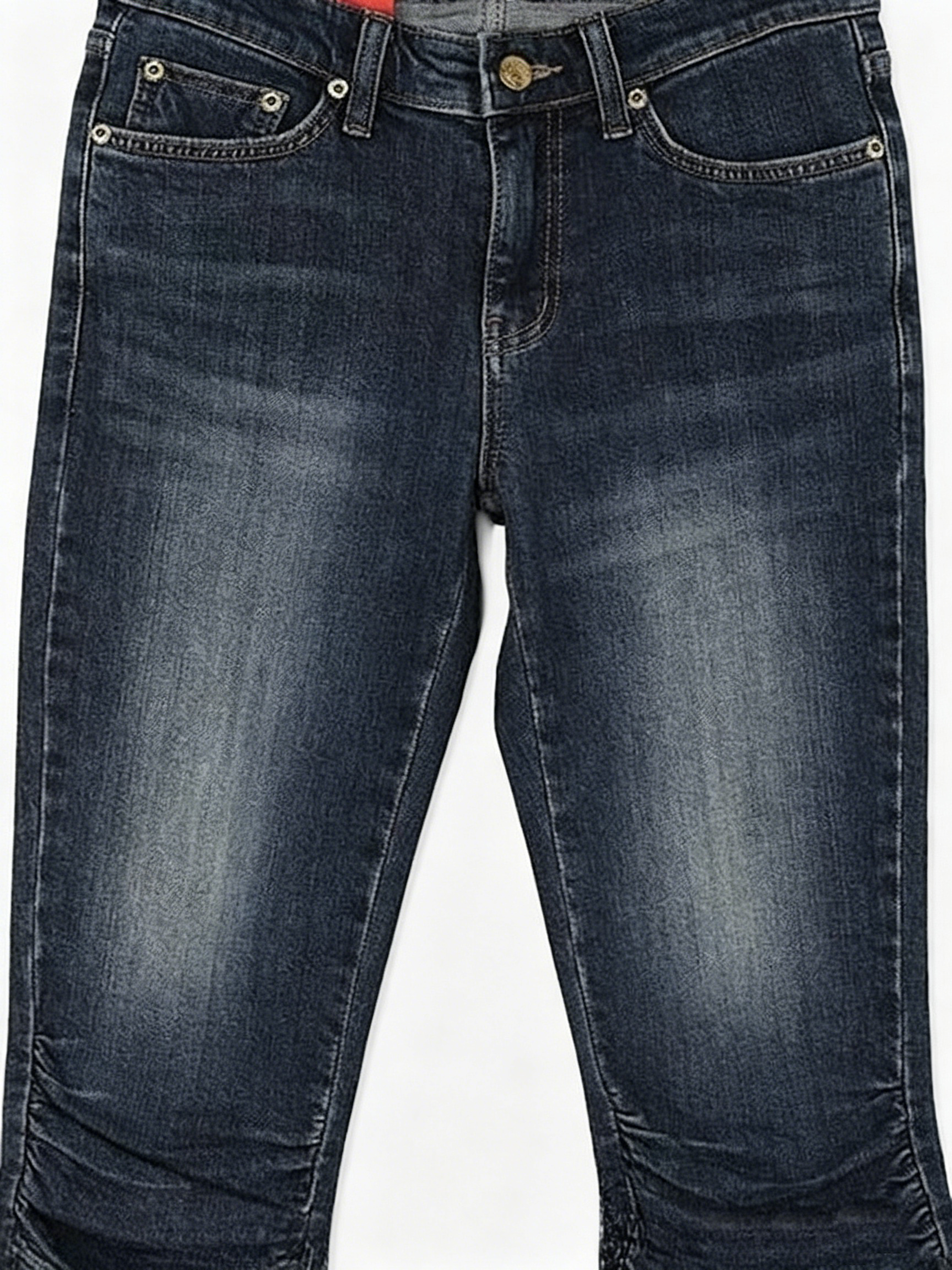 Vintage Ruched Cuff Slim Fit Mid-Calf Denim Capris