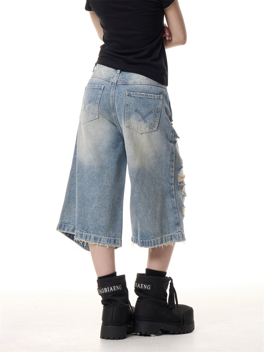 Women's Distressed Ripped Cropped Wide Leg Jeans Capri