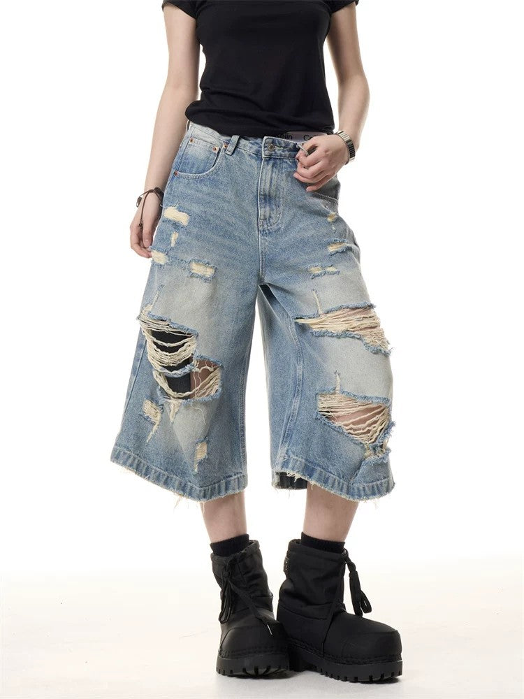 Women's Distressed Ripped Cropped Wide Leg Jeans Capri