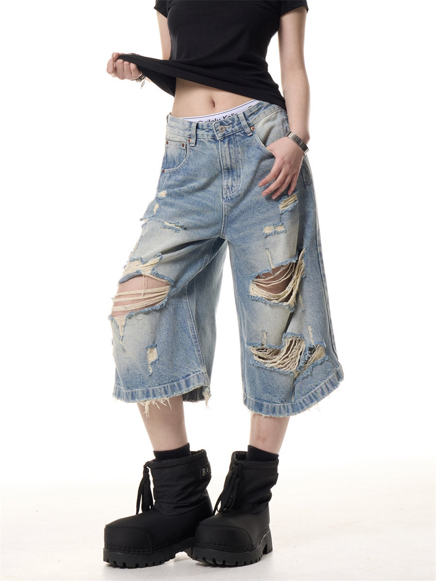 Women's Distressed Ripped Cropped Wide Leg Jeans Capri
