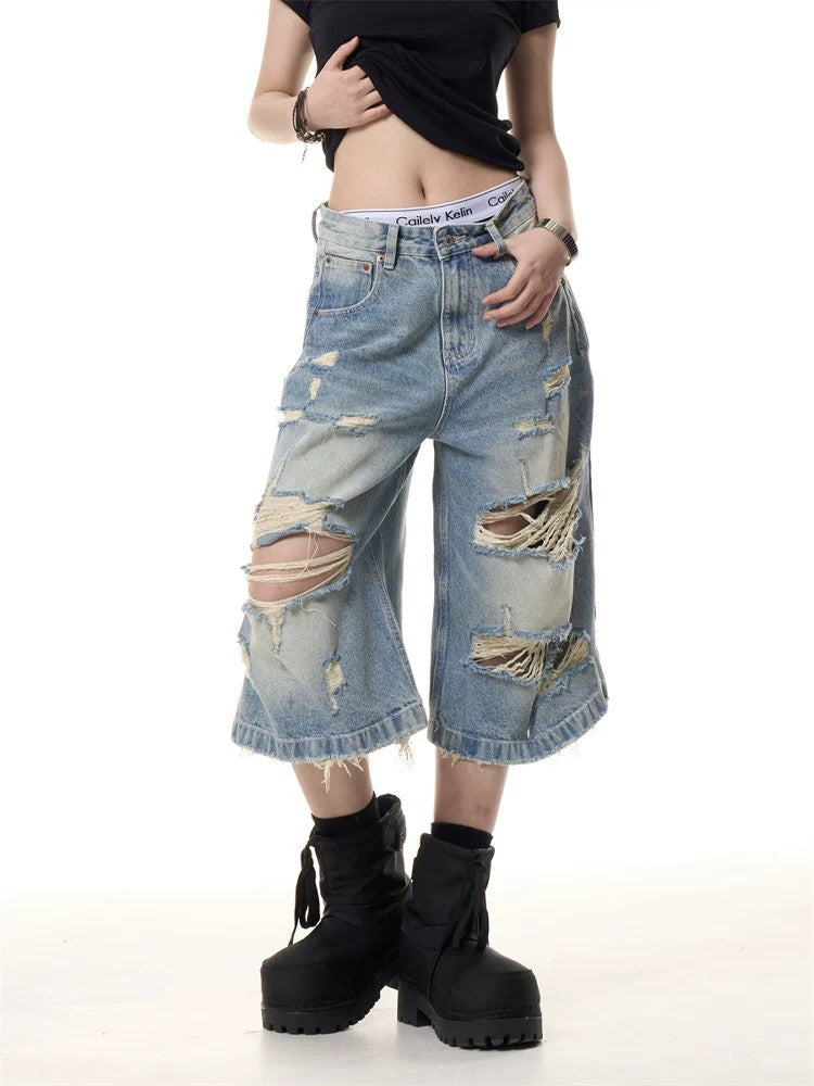Women's Distressed Ripped Cropped Wide Leg Jeans Capri