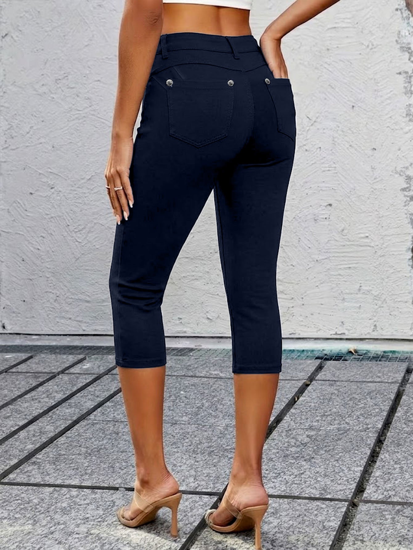 Women High Waist Ultra Stretch Skinny Capri Jeans - Dark Blue