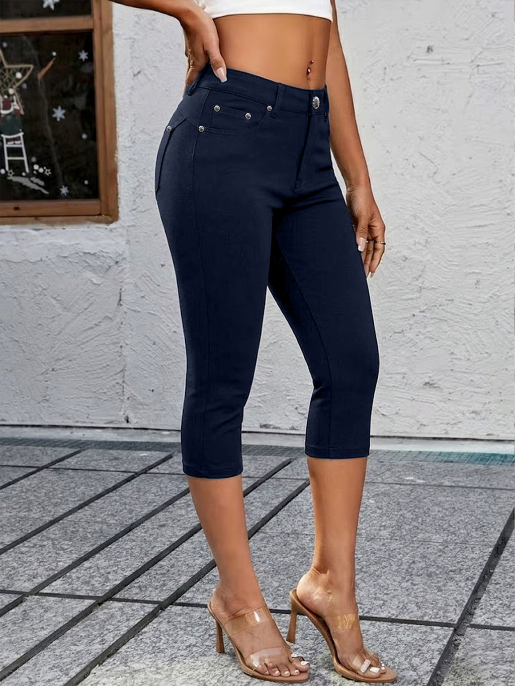 Women High Waist Ultra Stretch Skinny Capri Jeans - Dark Blue