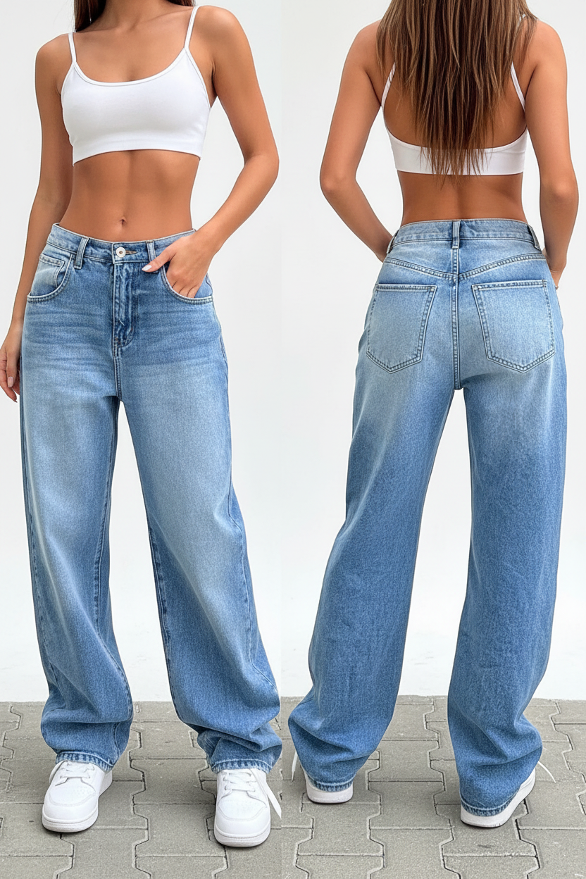 Elegant wide leg straight jeans lifestyle photo