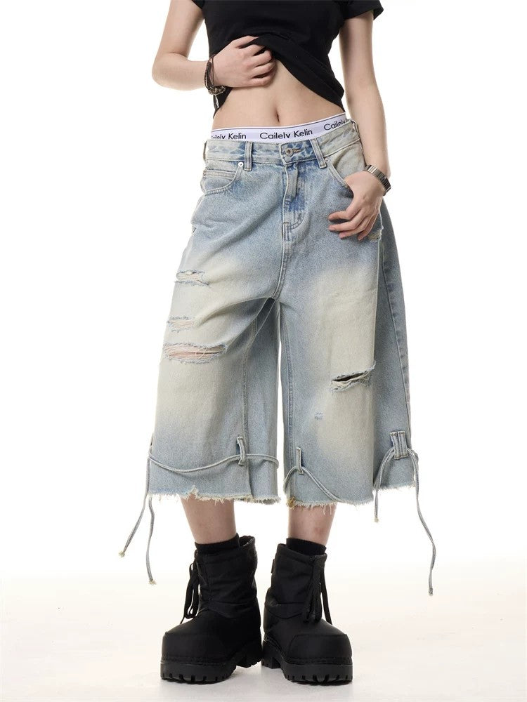 Women Light Wash Distressed Ripped Denim Capris Jean Shorts