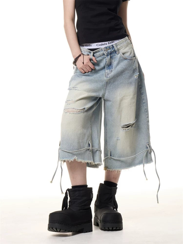 Women Light Wash Distressed Ripped Denim Capris Jean Shorts