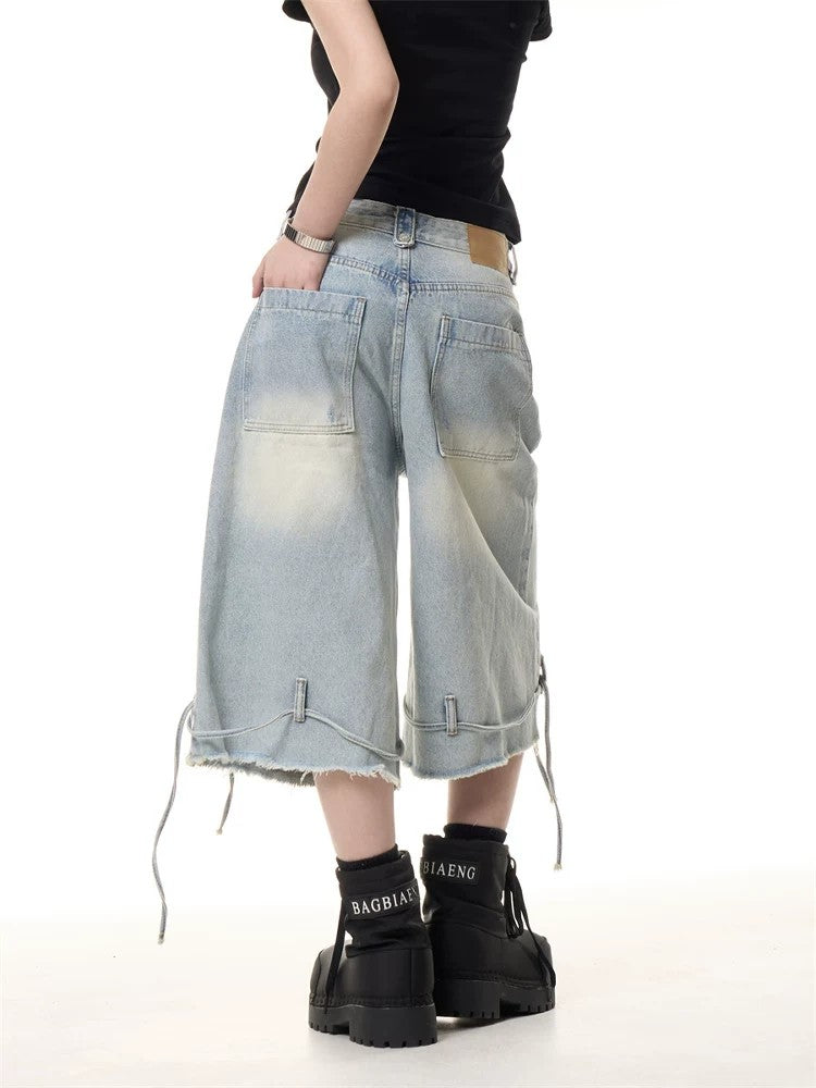 Women Light Wash Distressed Ripped Denim Capris Jean Shorts