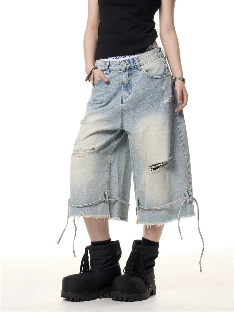 Women Light Wash Distressed Ripped Denim Capris Jean Shorts