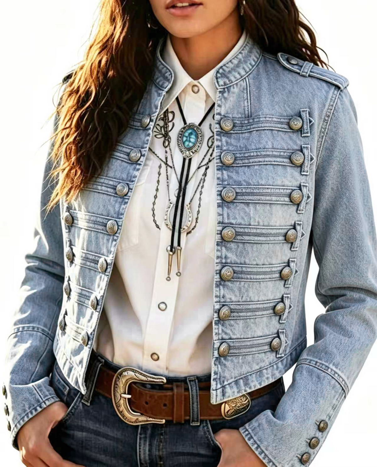 Women Military Denim Jacket Stand Collar Cropped Jean Jacket