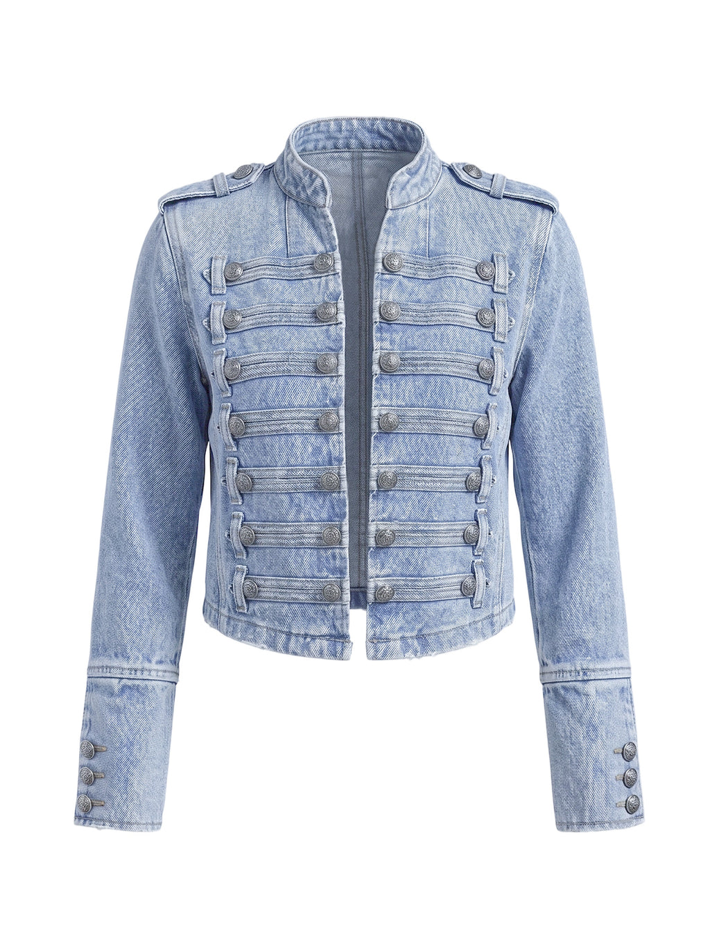 Women Military Denim Jacket Stand Collar Cropped Jean Jacket