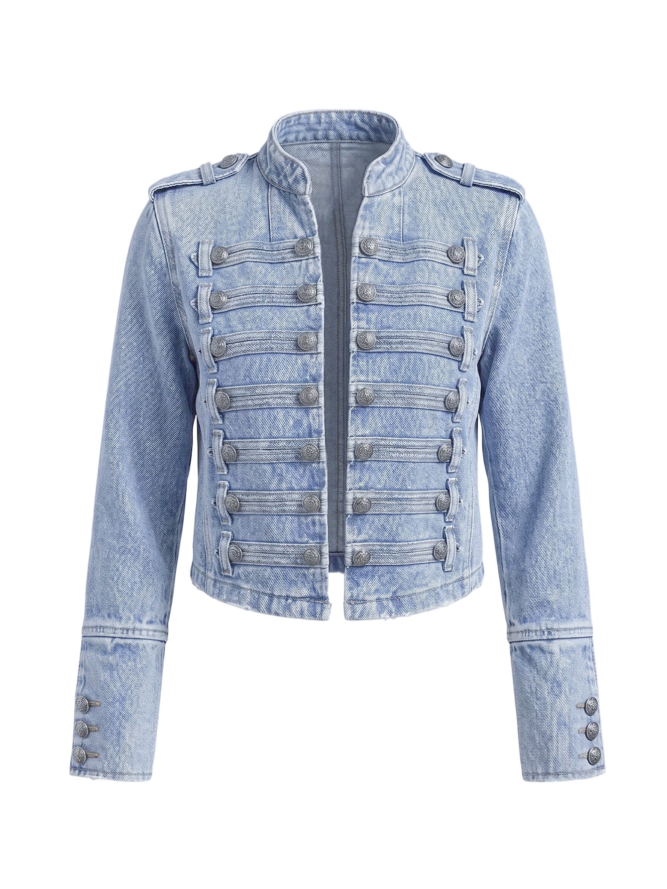 Women Military Denim Jacket Stand Collar Cropped Jean Jacket