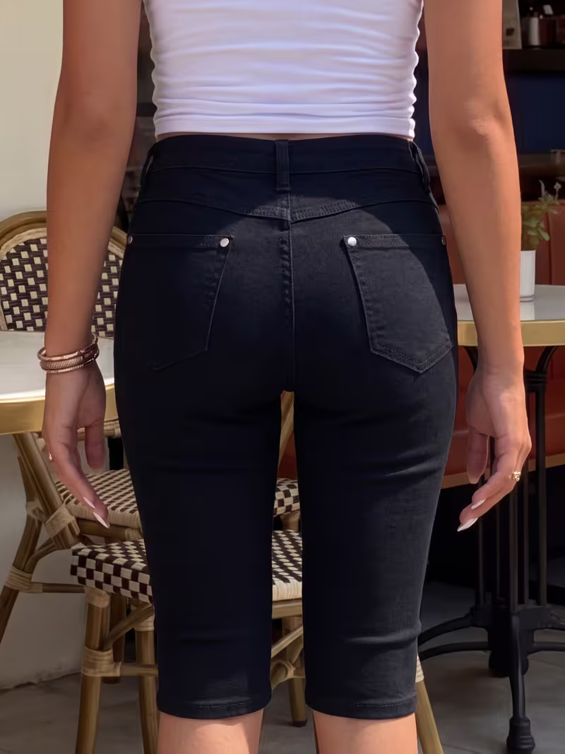Women High Waist Stretch Slim Fit Capri Jeans-Black